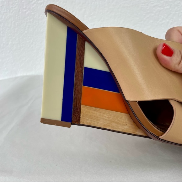 {Tory Burch} Color Cube Colorblock Wooden Wedge Mules, Size 9 - Picture 4 of 11